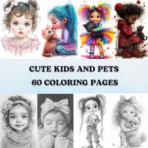 60 lindas páginas para colorear en escala de grises de niños y mascotas / Animales kawaii de fantasía para bebés y niños / Libro imprimible digital / PDF digital