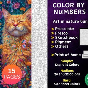 15 Color by Number Pages, Digital Coloring Pages, Paint by Numbers Bundle, Procreate Coloring Book, Adults Coloring Book, Art in nature