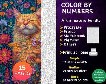 15 Color by Number Pages, Digital Coloring Pages, Paint by Numbers Bundle, Procreate Coloring Book, Adults Coloring Book, Art in nature