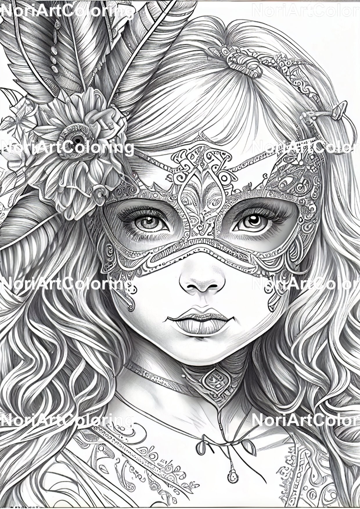 マルディグラの美しい女の子向けぬり絵5選｜大人向け印刷可能なぬり絵｜グレースケールのイラストをダウンロード｜マスクをつけた女の子 - Etsy 日本, image size:1240x1754