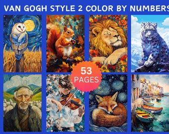 53 páginas para colorear por números, páginas para colorear digitales, paquete de pintura por números, libro para colorear para adultos de Procreate, pinturas inspiradas en Van Gogh, vol. 2
