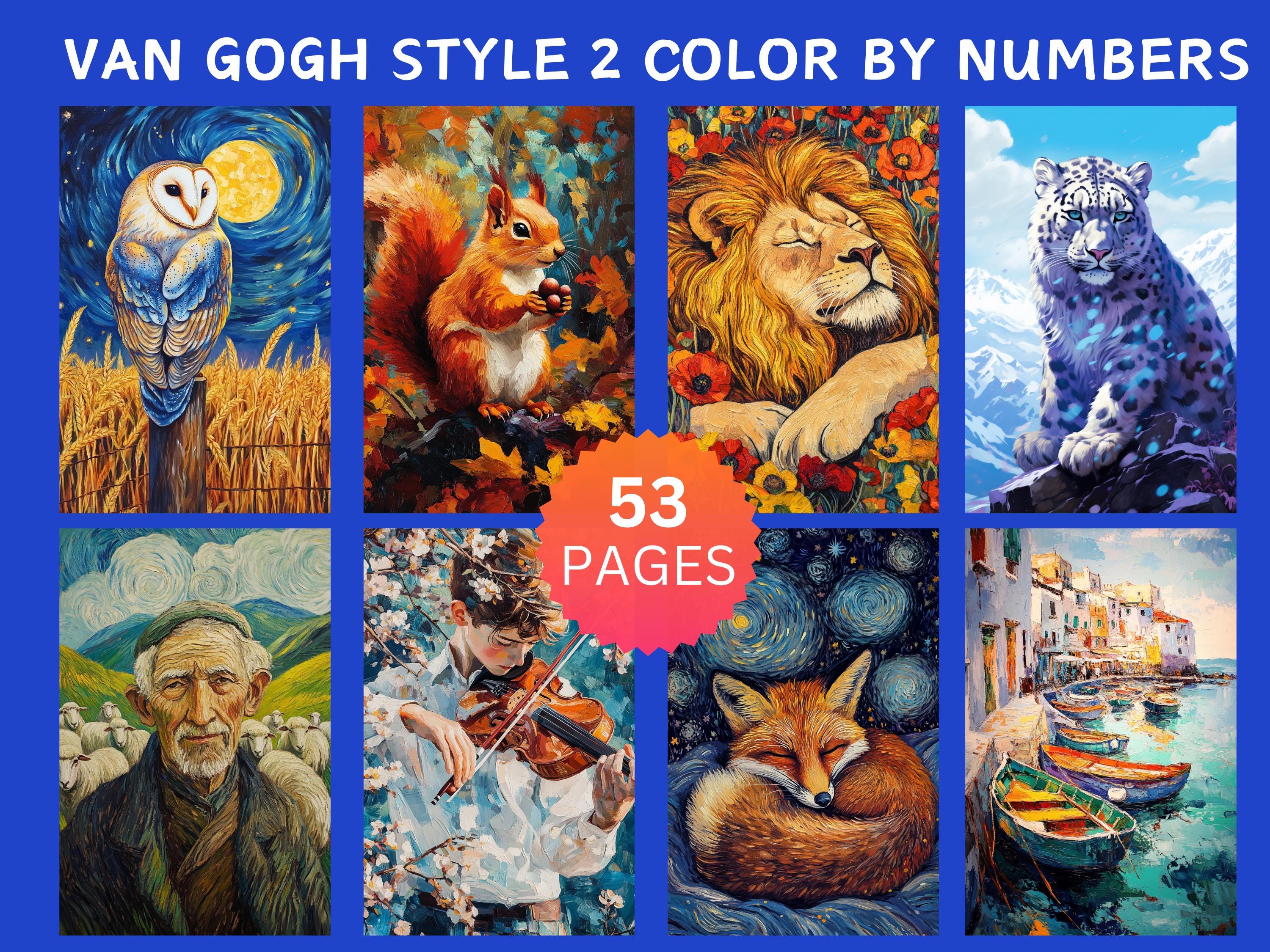 53 páginas de colorear por números inspiradas en Van Gogh, Pack digital para adultos, Procreate e imprimible Vol. 2