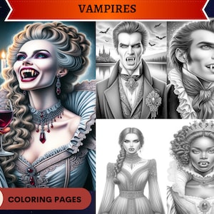 May include: A set of 38 coloring pages featuring black and white illustrations of vampires. The illustrations include a vampire woman with long blonde hair holding a glass of wine, a vampire man with a pointed collar, and a vampire woman with a crown.
