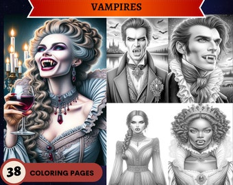 38 Vampires Grayscale Coloring Pages | Gothic | Men and Women | Printable Adult Coloring Pages |Download Grayscale Illustration