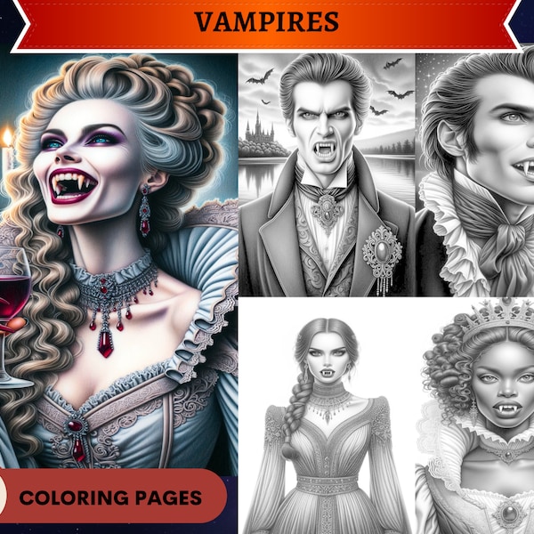 38 coloriages de vampires en niveaux de gris | Gothique | Hommes et femmes | Coloriages à imprimer pour adultes | Illustration en niveaux de gris à télécharger