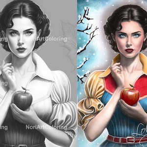 Beau coloriage de Blanche-Neige | Conte de fées | Coloriages | Coloriages adultes imprimables | Télécharger l'illustration en niveaux de gris