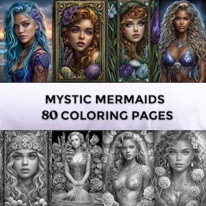 80 retratos de sirenas místicas para colorear, páginas para colorear en escala de grises, hojas para colorear, dibujos de fantasía para colorear, libro para colorear de flores de sirena