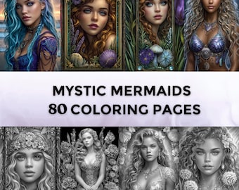 80 retratos de sirenas místicas para colorear, páginas para colorear en escala de grises, hojas para colorear, dibujos de fantasía para colorear, libro para colorear de flores de sirena