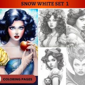 Blanche-Neige Set 1 Livre de coloriage | 30 pages de coloriage pour adultes imprimables | Télécharger l'illustration en niveaux de gris