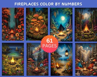 May include: A collection of eight colorful illustrations with a nature theme, featuring campfires, mushrooms, and tents. The text "FIREPLACES COLOR BY NUMBERS" is at the top, and a circular badge reads "61 PAGES". The artwork has a fantasy style.