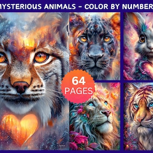 Op de afbeelding: Een kleurrijke illustratie van een kleur-op-nummerboek getiteld "Mysterious Animals". De omslag toont portretten van een lynx, een luipaard, een konijn, een leeuw en een tijger. Het boek heeft 64 pagina's.