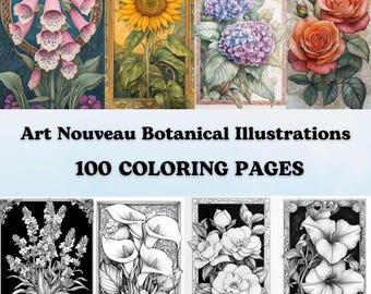 100 Art Nouveau Flowers Coloring Book Pages, Vintage Frames Printable PDF, Grayscale Floral Bundle Instant Download, Gift for Mom, Art Deco