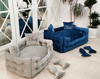 Luxe gepersonaliseerd huisdierbed | Pluche comfort | XS–XXL-maten | Aangepaste naam geborduurd kussen | Anti-klauwstof| Perfect cadeau voor dierenliefhebbers