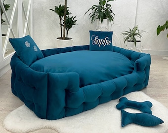 Cama para perros azul a prueba de masticables, Cama para perros grande, Cama para perros extra grande, Cama para perros de terciopelo, Cama para perros personalizada, Sofá para perros, Cama para mascotas, Cama para perros de lujo,