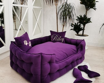 Cama para perros de terciopelo personalizada / Bordado del nombre / Tejido antiarañazos / Tallas XS–XXL / Mueble ortopédico y lavable para mascotas / Regalo ideal para dueños de mascotas