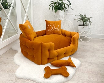 Handmade Velvet Dog Sofa Bed: Luxury Pet Bed with Pillows