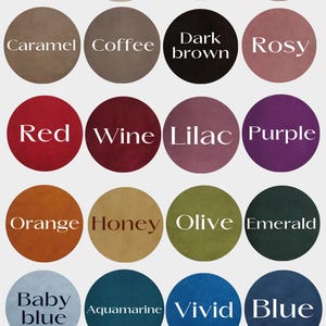 May include: A color chart displaying a variety of hues. The word "Colours" is at the top. Colors include white, ivory, cream, beige, caramel, coffee, dark brown, rosy, red, wine, lilac, purple, orange, honey, olive, emerald, baby blue, aquamarine, vivid blue, navy, light gray, deep gray, and black.