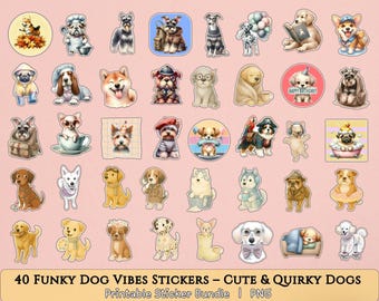 Funky cartoon hondenstickers – 40 png-clipartontwerpen (digitale download)