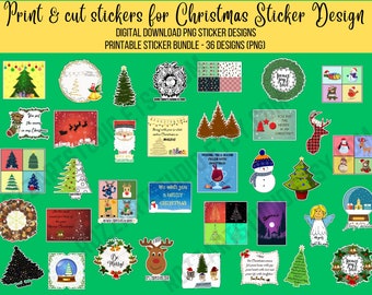 Könnte beinhalten: Eine Sammlung von Aufklebern zum Thema Weihnachten mit verschiedenen Designs, darunter Weihnachtsbäume, Schneemänner und Rentiere. Die Aufkleber sind als digitaler Download erhältlich, ideal für Bastelarbeiten und Weihnachtsprojekte. Der Text auf dem Bild lautet "Print & cut stickers for Christmas Sticker Design".