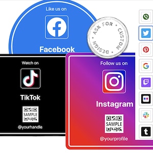 以下が含まれることがあります： Facebook、Instagram、TikTok などのソーシャルメディアのアイコンと QR コードが描かれたグラフィック。テキストには「Like us on Facebook」、「Watch on TikTok」、「Follow us on Instagram」、「Ask for Custom Design」と表示されています。