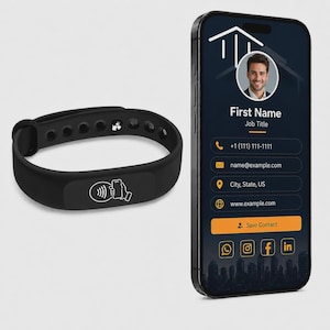 May include: A black silicone NFC wristband featuring a white icon of a hand holding a smartphone, displayed next to a smartphone screen showing a digital business card with a profile photo, contact details, and a Save Contact button.