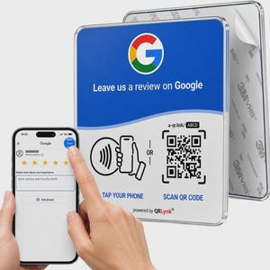May include: A square sign with a blue and white background featuring the Google logo and the text Leave us a review on Google. It includes a QR code, a tap-to-pay icon, and instructions to tap your phone or scan the QR code, powered by QRLynk.