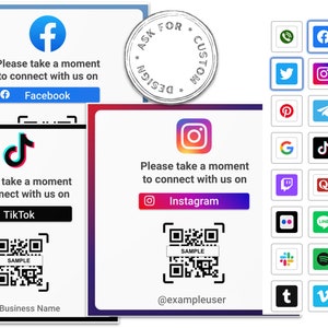 Peut inclure: Trois cartes de médias sociaux avec des codes QR et des boutons pour se connecter à Facebook, TikTok et Instagram. Les cartes ont un fond blanc avec du texte noir et des boutons. Les codes QR sont en noir et blanc et disent "SAMPLE". Les cartes sont entourées d'une grille d'icônes de médias sociaux.
