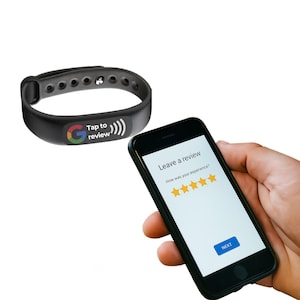 May include: A black wristband with the Google logo and the text "Tap to review" next to a wireless symbol. A smartphone displays a review form with five stars.