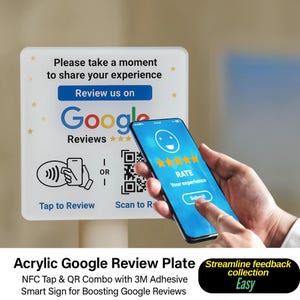 Acrylic Google Reviews Sign - Google Review Business- Customer Booster- Strong 3M Adhesive - Tap Review Sign - Instant Customer Reviews