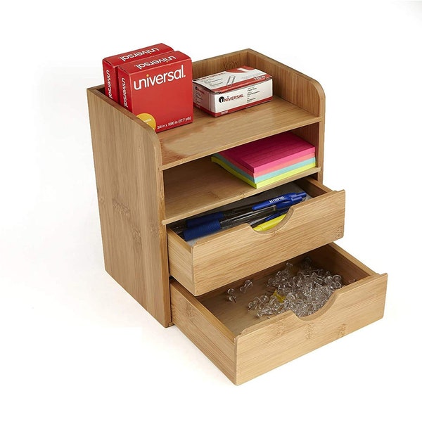 4 Tier Bamboo Desk Organizer with 2 Drawers | Stationary Storage | Organization Box | Desktop Organizer for Home\Office us