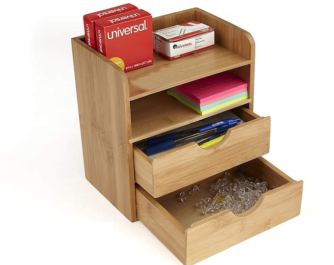 4 Tier Bamboo Desk Organizer with 2 Drawers | Stationary Storage | Organization Box | Desktop Organizer for Home\Office us