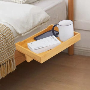 Natural Bamboo Clip On Bedside Shelf, Unique Wooden Bed Frame Clamp, Floating Nightstand, Space Saver Side Table