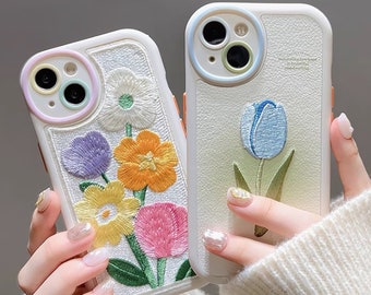 Coque iPhone brodée marguerites et tulipes pour iPhone 14 13 12 11 Pro Max