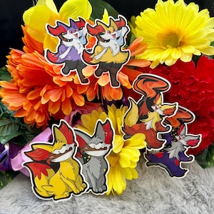 May include: A set of six colorful cartoon stickers featuring a fox-like creature with different expressions and poses. The stickers are on a background of flowers.
