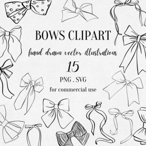 Pode incluir: Uma coleção de ilustrações de clip art de laços desenhados à mão em preto e branco. A imagem inclui vários designs de laços, com o texto "BOWS CLIPART" e "hand drawn vector illustrations". O número "15" também é exibido, juntamente com "PNG. SVG" e "for commercial use".