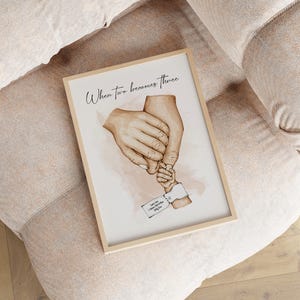 Arte de pared con familia tomada de la mano / Regalo para nuevos padres / Arte de pared con manos de mamá, papá y bebé / Arte de anuncio para bebé / Póster Cuando dos se convierten en tres