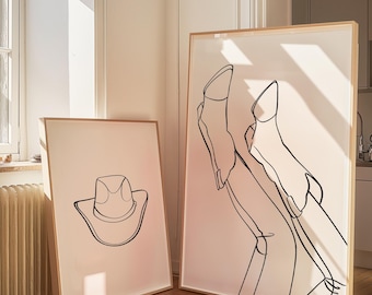 Cowgirl Line Art Print / Modern Minimalist Boots and Hat Decor / Minimalist Rustic Minimalist Cowgirl Wall Art / Instant Download