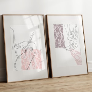May include: Two framed illustrations of sewing-related items. The left illustration shows a pair of scissors and thread on a pink and white patterned background. The right illustration shows a sewing machine foot on a pink and white patterned background.
