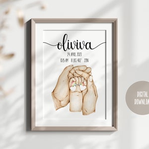 Family Hands Wall Art Baby Birth Announcement Personalized Gift Print Rainbow Personalised Print Custom Wall Art Kids Room Decoration image 1