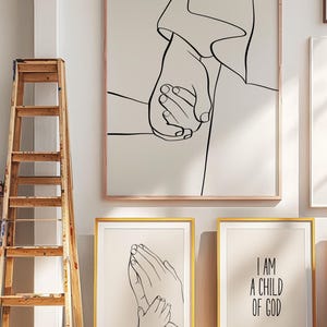 Juego de 3 obras de arte de pared con líneas cristianas tomadas de la mano, arte de pared con el niño Jesús, póster del Niño de Dios, regalo cristiano decorativo