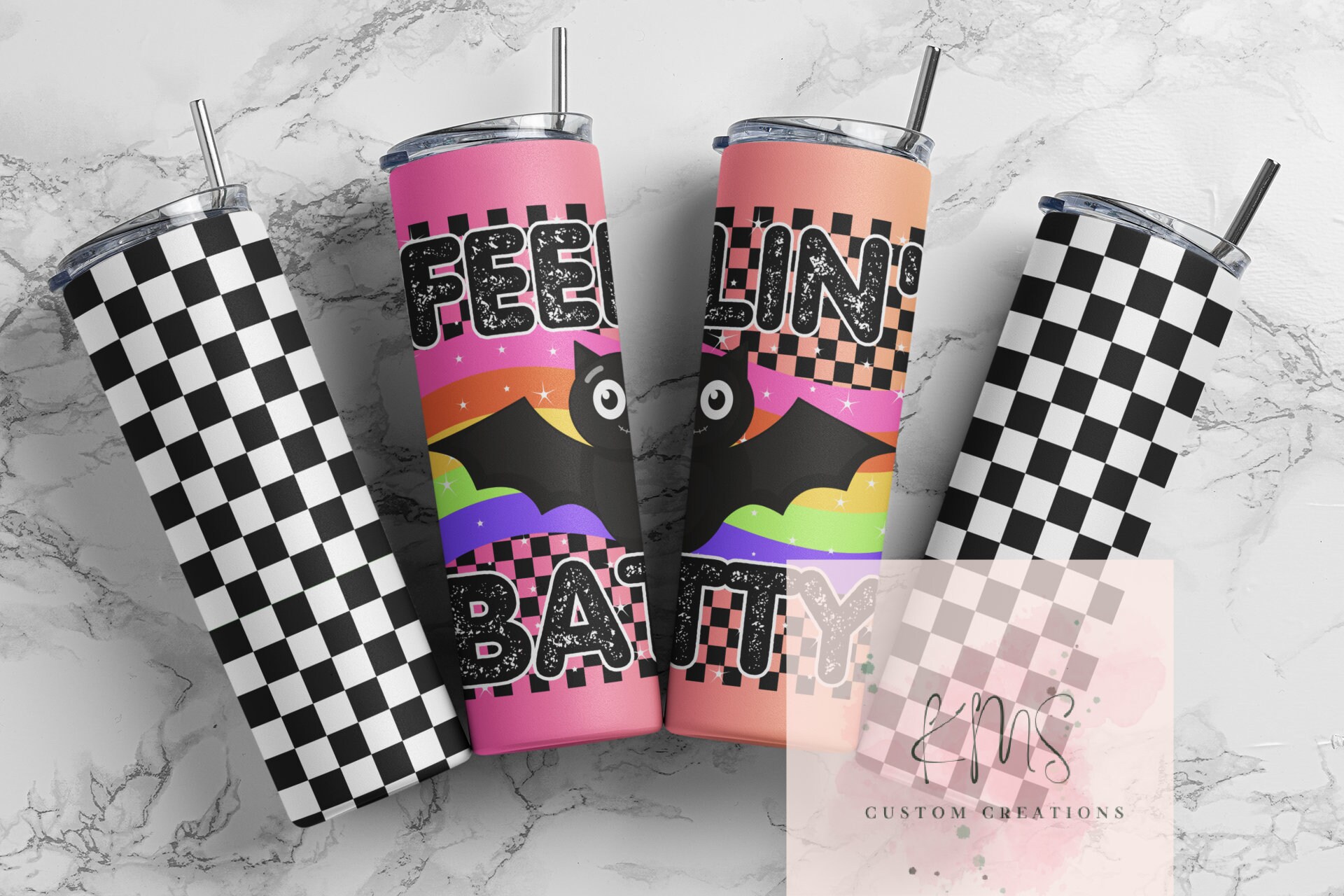 Feeling Batty Pink and Orange Cute Bat With Checkerboard 20 Oz or 30 Oz ...
