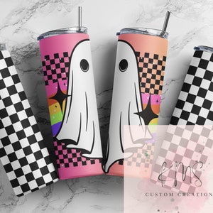 Pink and orange retro ghost with checkerboard 20 oz or 30 oz skinny tumbler