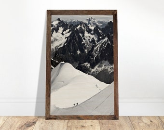 Photo wood print of two mountaineers in the snow on the mountain top with an Alpine panorama