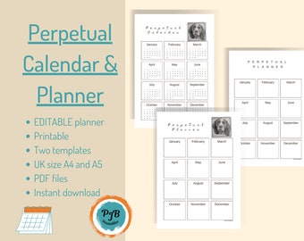 Perpetual calendar printable springer spaniel gift planner printable yearly planner woodland themed calendar editable undated calendar PDF