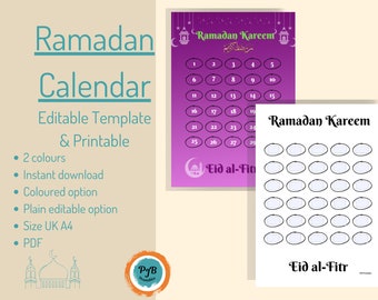 Calendario Ramadan, calendario modificabile, conto alla rovescia Ramadan, Eid Kareem, regalo Ramadan, musulmano, islamico, calendario dell'avvento Ramadan, pianificatore Ramadan
