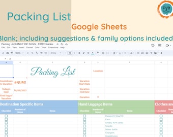 Google sheet, travel packing checklist, editable, trip, vacation, spreadsheet, task, vacation planner, template, family, countdown, outfit