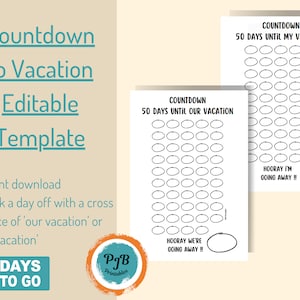 Countdown to vacation editable PDF download digital planner inserts days until reminder chart countdown printable 50 day countdown our trip