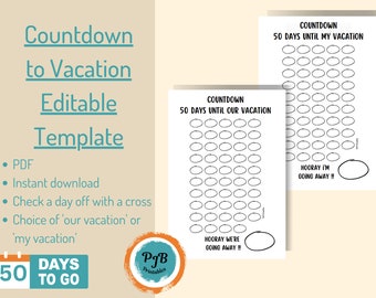 Cuenta regresiva para vacaciones editable PDF descargar planificador digital inserta días hasta el recordatorio gráfico cuenta regresiva imprimible cuenta regresiva de 50 días nuestro viaje
