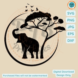May include: A black silhouette of an elephant standing under a tree with birds flying overhead. The image is set against a circular background with a geometric pattern.