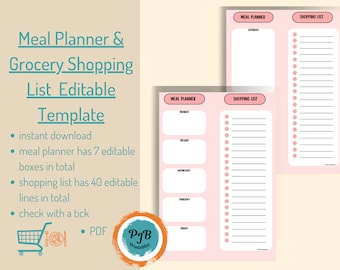 Grocery list meal planner editable weekly meal planner printable shopping list meal planner template grocery planner PDF family meal planner